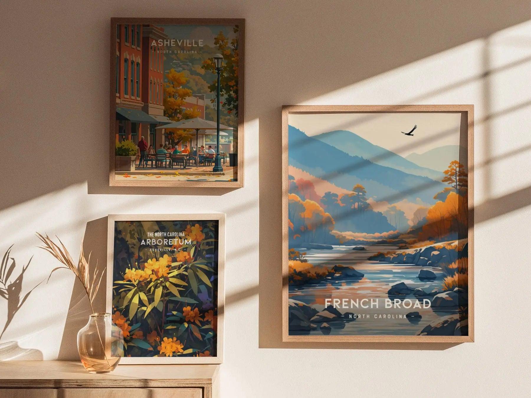French Broad River, North Carolina, Tennessee, Framed Wall Art, NC TN Travel Poster Print Blue Ridge Vacation Cabin Decor Artwork Gift Set - Swell Scenes