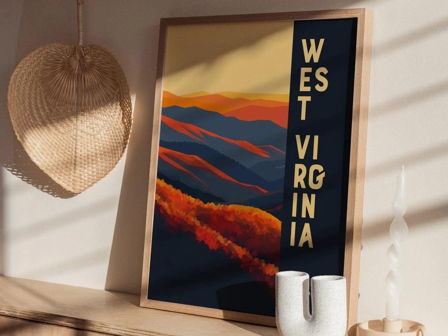 WV Mountain State poster in white frame featuring minimalist Appalachian landscape in blue green color palette