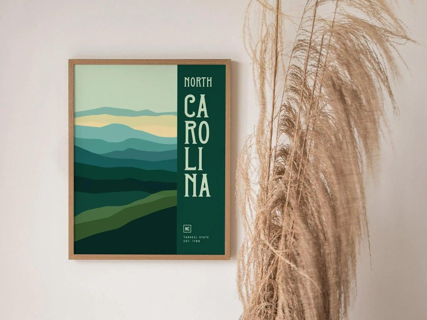 North Carolina Minimalist Design Framed Wall Art, Tarheel State Minimal Abstract Modern Poster, NC Pride Decor US Travel Print Gift Set - Swell Scenes