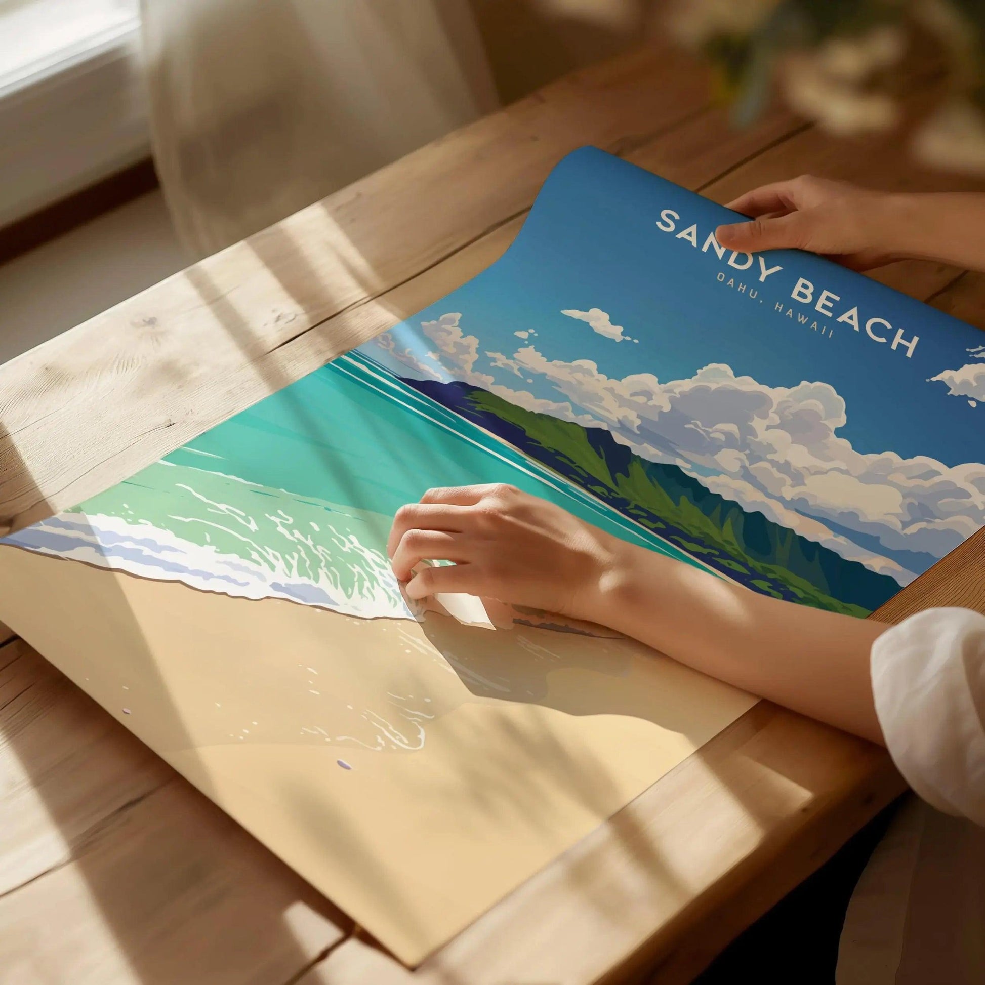 Sandy Beach, Oahu Hawaii Poster - Tropical Paradise Scene, Available Framed/Unframed, Perfect Wedding or Anniversary Gift, Hawaiian Wall Art - Swell Scenes