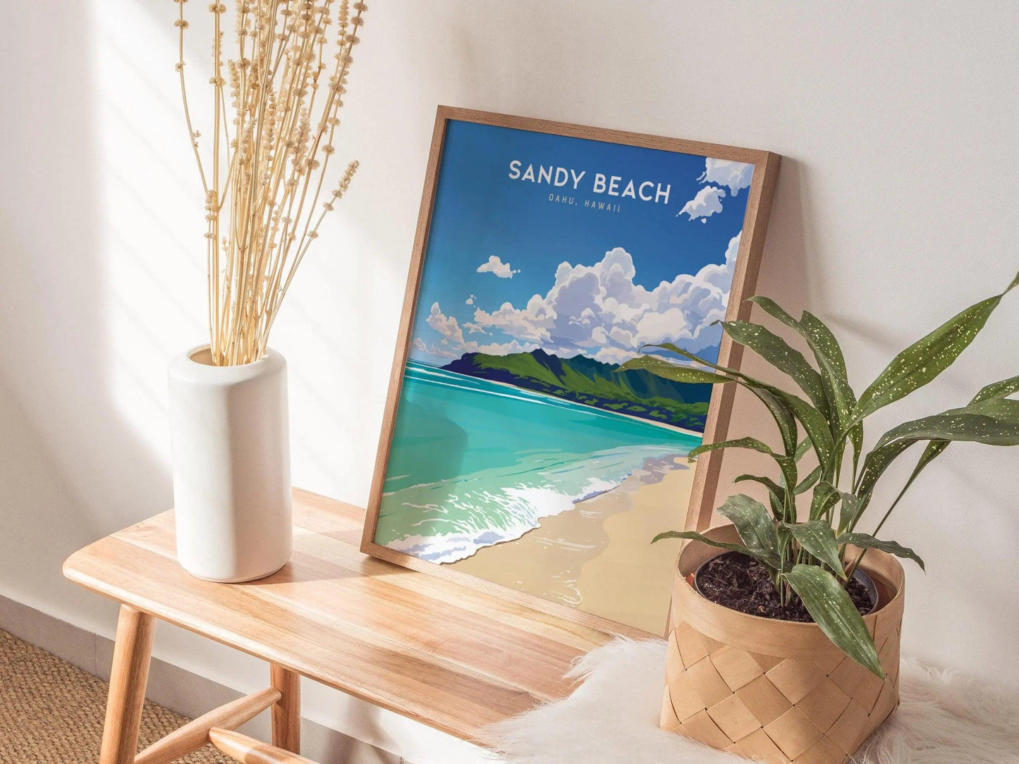 Sandy Beach, Oahu Hawaii Poster - Tropical Paradise Scene, Available Framed/Unframed, Perfect Wedding or Anniversary Gift, Hawaiian Wall Art - Swell Scenes