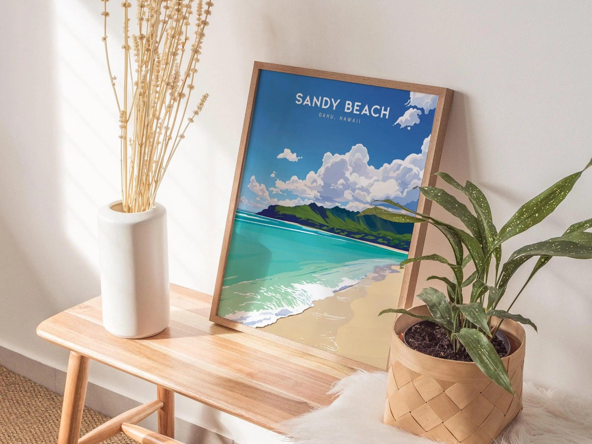 Sandy Beach, Oahu Hawaii Poster - Tropical Paradise Scene, Available Framed/Unframed, Perfect Wedding or Anniversary Gift, Hawaiian Wall Art - Swell Scenes