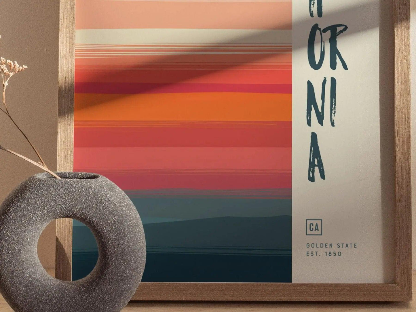 California Minimalist Design Framed Wall Art, Golden State Minimal Abstract Modern Poster, CA Designer Decor Travel Print Typography Gift - Swell Scenes