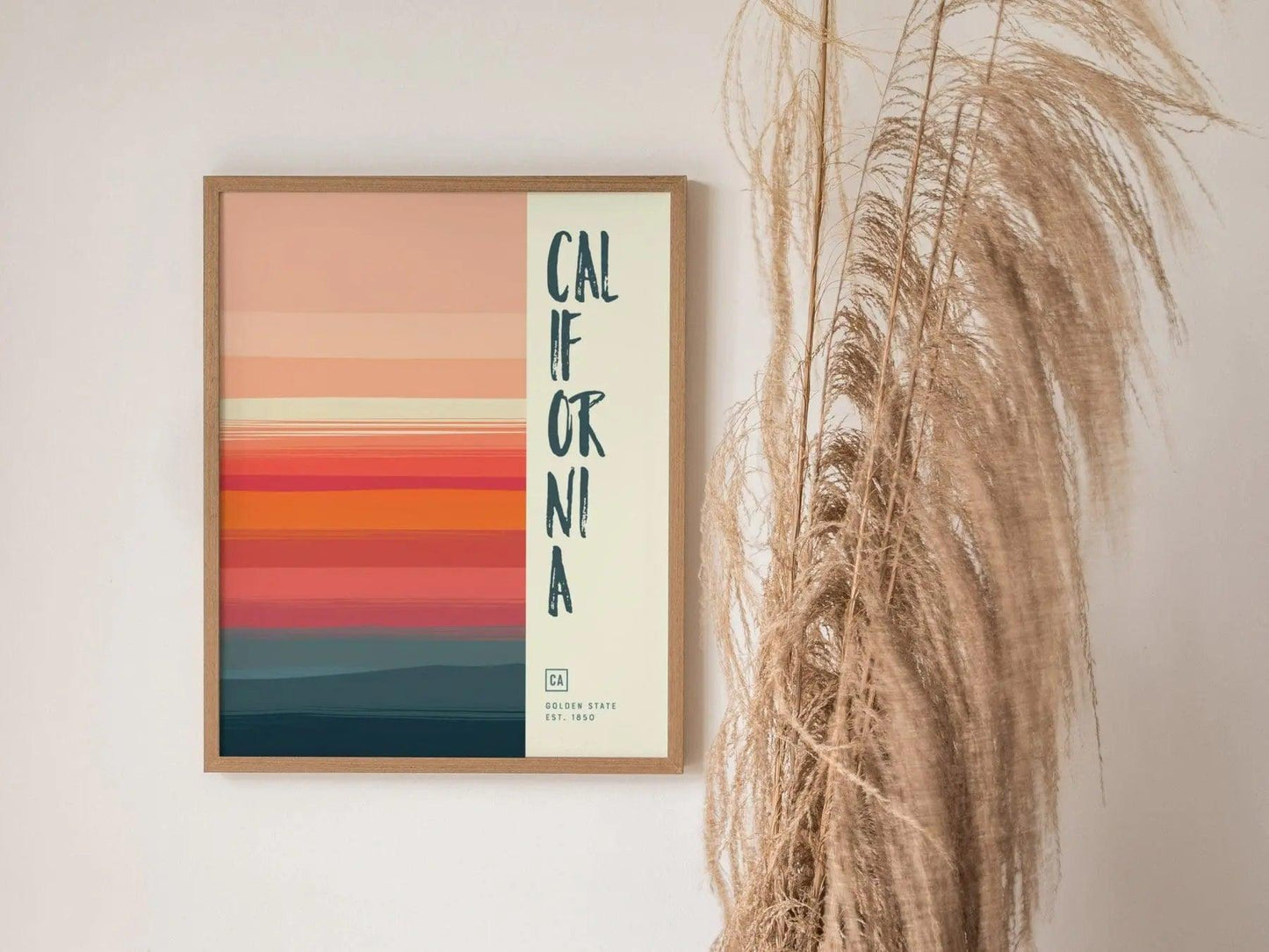 California Minimalist Design Framed Wall Art, Golden State Minimal Abstract Modern Poster, CA Designer Decor Travel Print Typography Gift - Swell Scenes