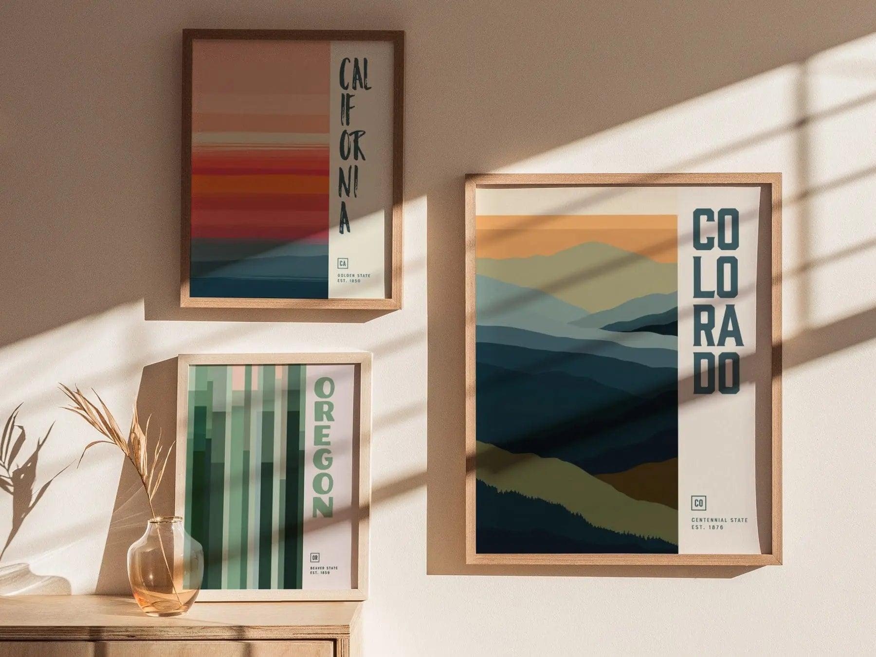 Colorado Minimalist Design Framed Wall Art, Rocky Mountains State Minimal Abstract Modern Poster, CO Designer Decor Travel Print Typography - Swell Scenes