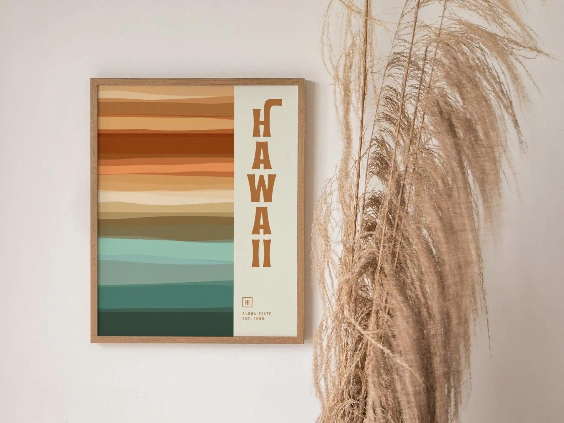 Hawaii Minimalist Design Framed Wall Art, Aloha State Minimal Abstract Modern Poster, Hawaiian Designer Decor HI Travel Print Typography - Swell Scenes