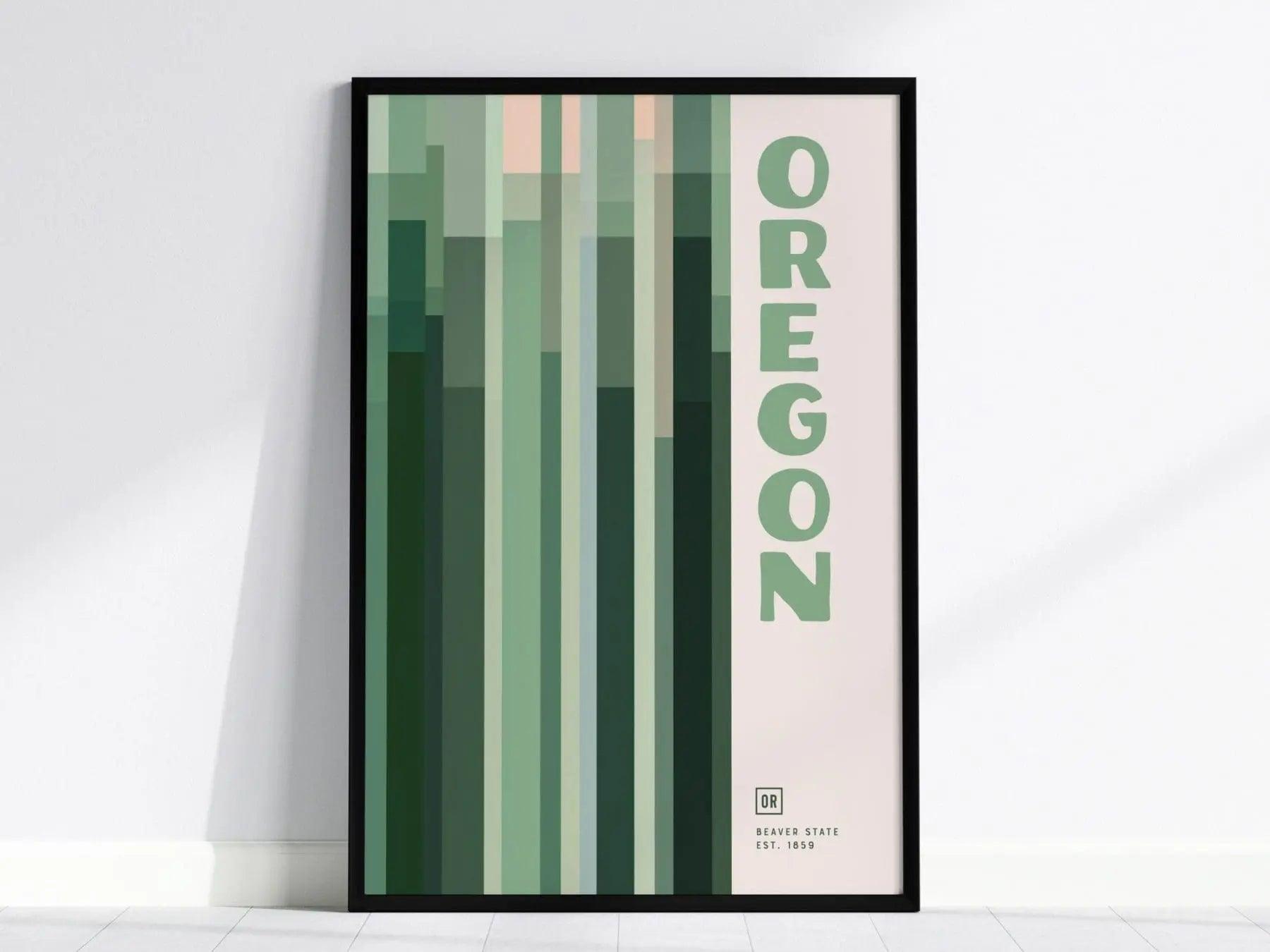 Oregon Minimalist Design Framed Wall Art, Beaver State Minimal Abstract Modern Poster, Oregonian Designer Decor OR Travel Print Typography - Swell Scenes
