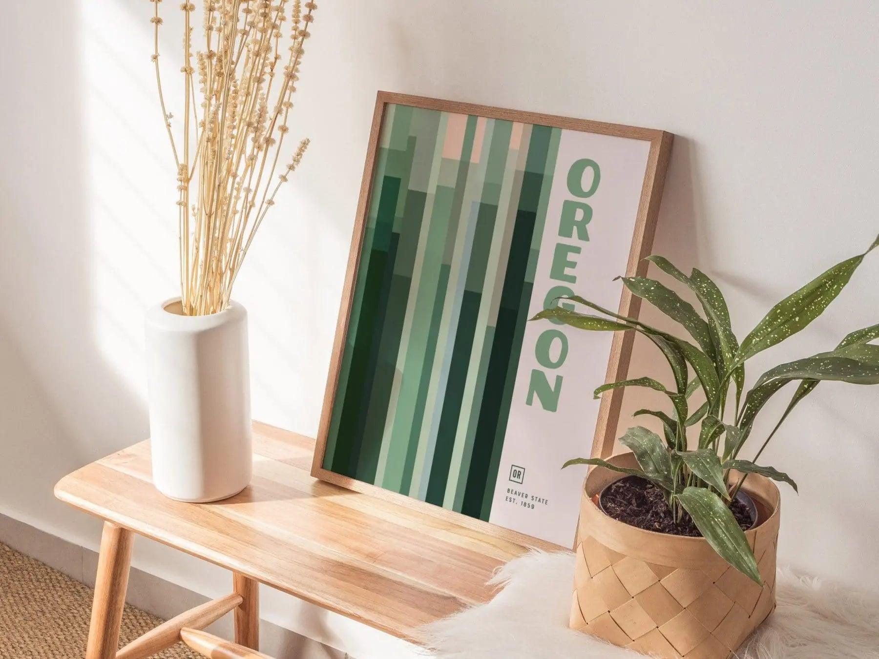 Oregon Minimalist Design Framed Wall Art, Beaver State Minimal Abstract Modern Poster, Oregonian Designer Decor OR Travel Print Typography - Swell Scenes