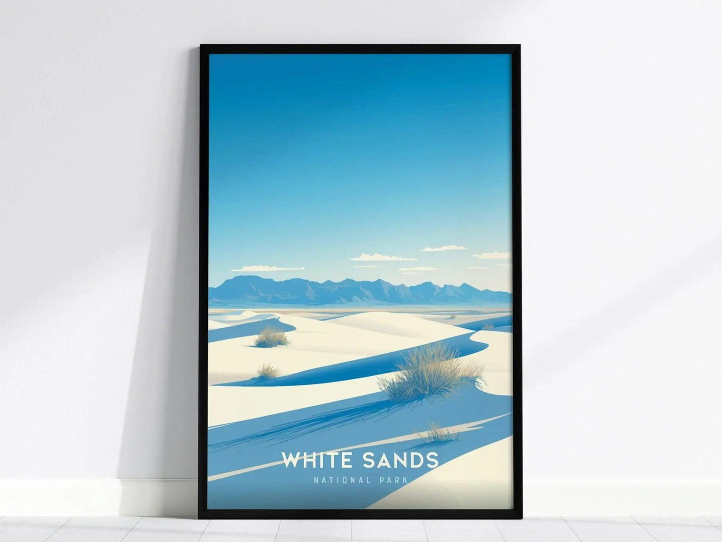 White Sands National Park New Mexico poster featuring pristine white gypsum sand dunes desert landscape wall art