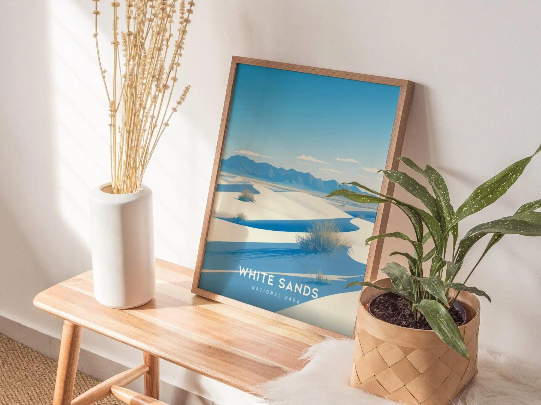 White Sands National Park wall art displayed in minimalist modern interior with desert landscape photography style