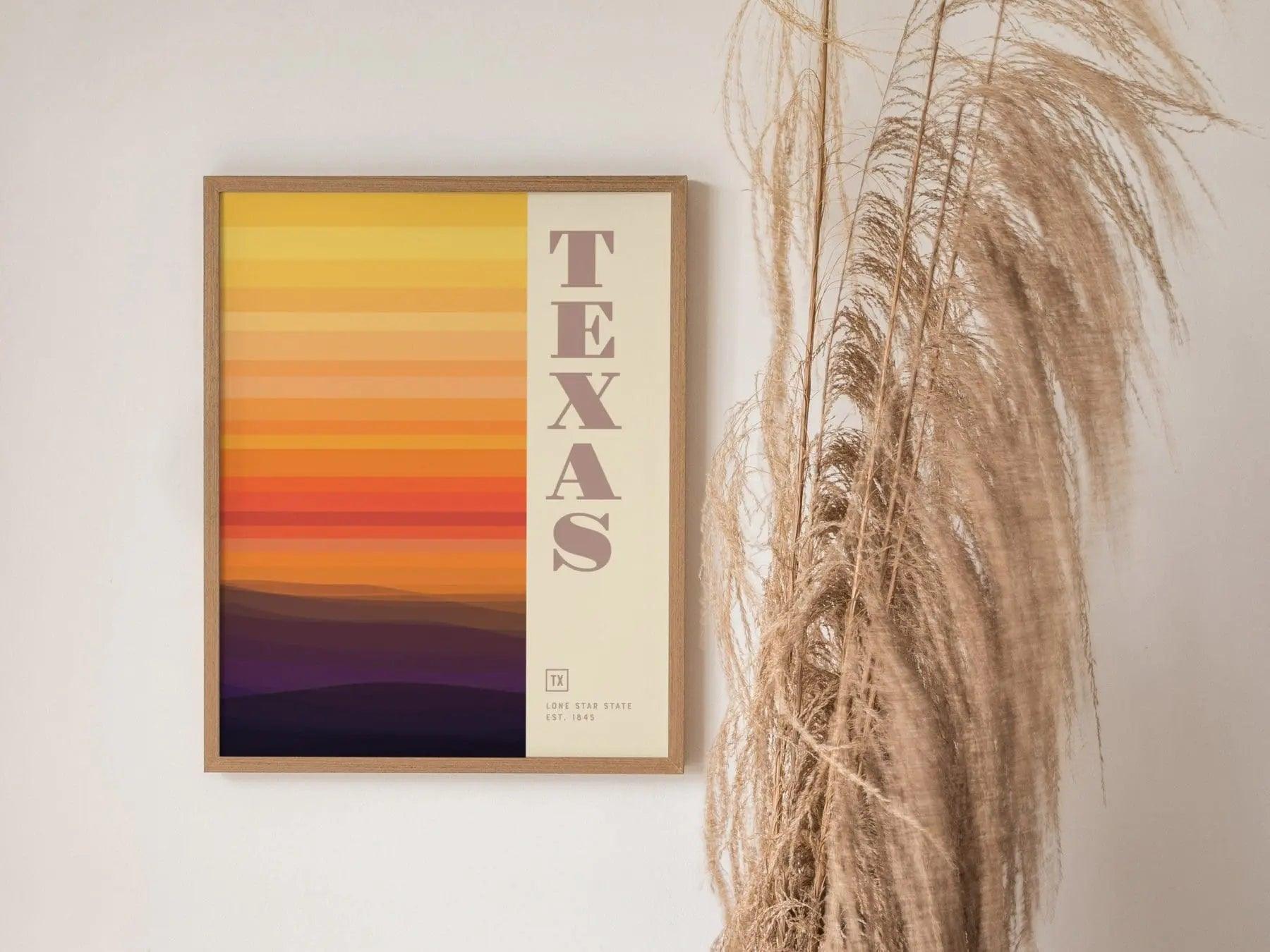 Texas Minimalist Design Framed Wall Art, Lone Star State Minimal Abstract Modern Poster, Texan Designer Decor TX Travel Print Typography - Swell Scenes
