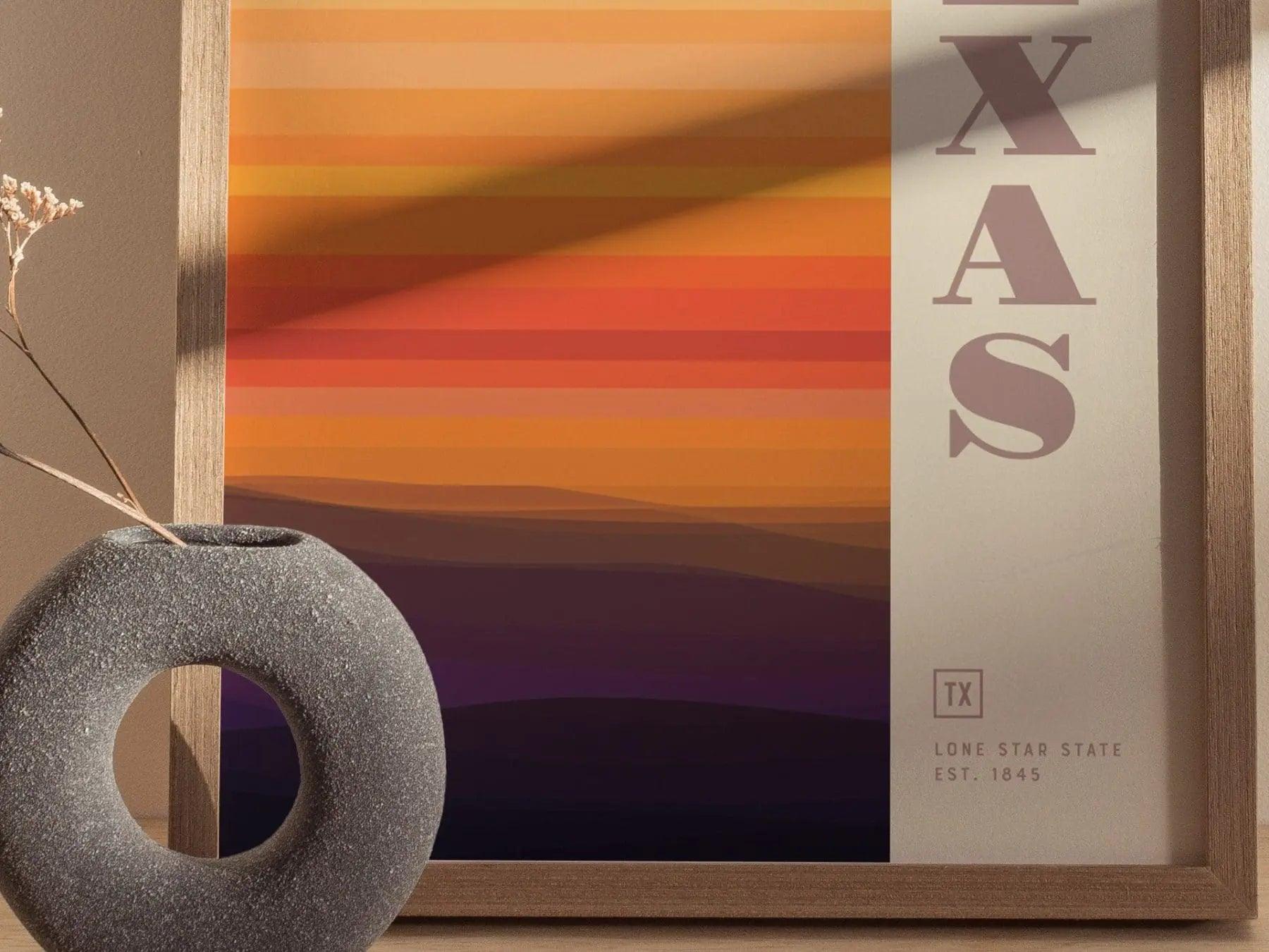 Texas Minimalist Design Framed Wall Art, Lone Star State Minimal Abstract Modern Poster, Texan Designer Decor TX Travel Print Typography - Swell Scenes