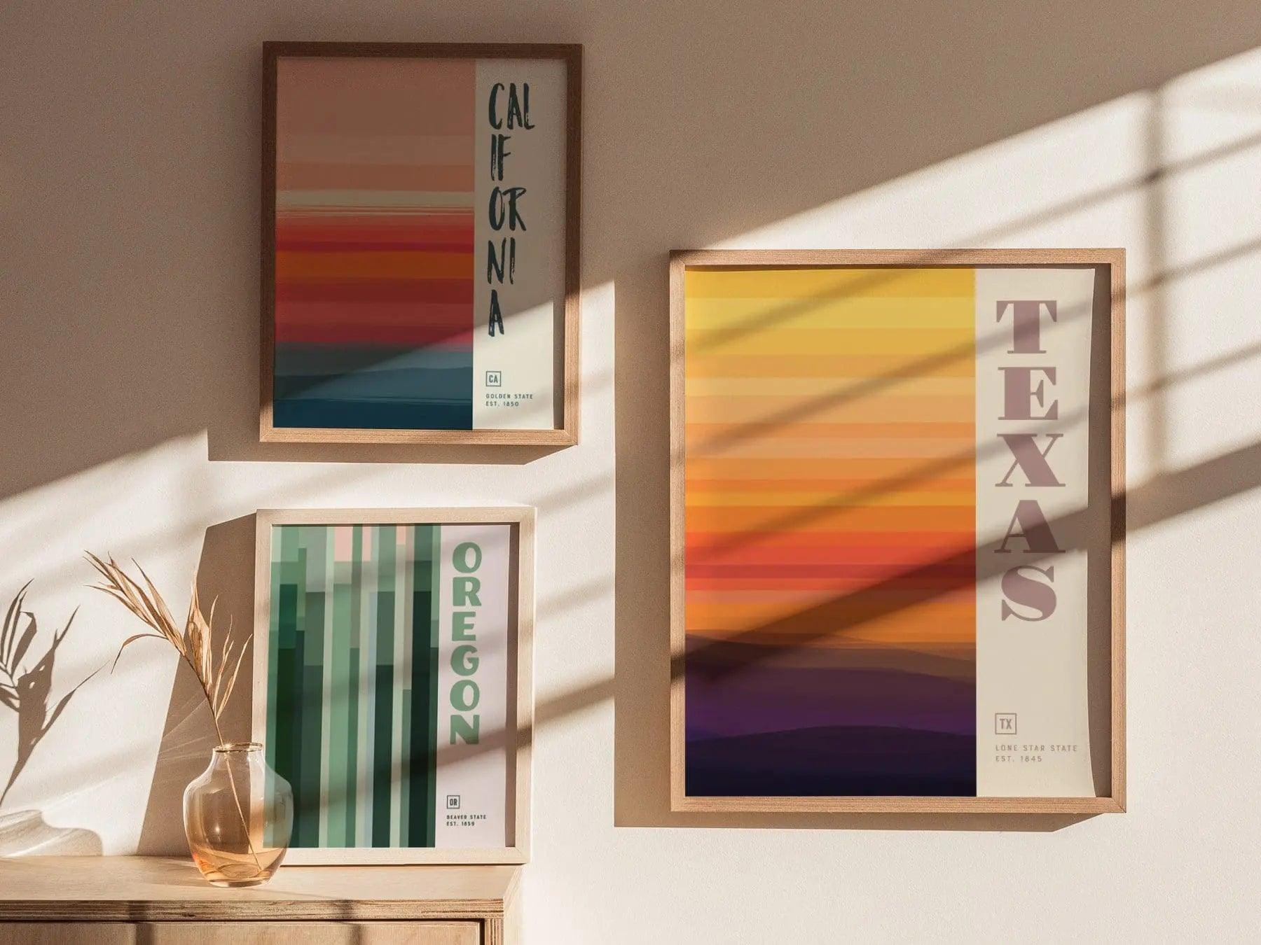 Texas Minimalist Design Framed Wall Art, Lone Star State Minimal Abstract Modern Poster, Texan Designer Decor TX Travel Print Typography - Swell Scenes