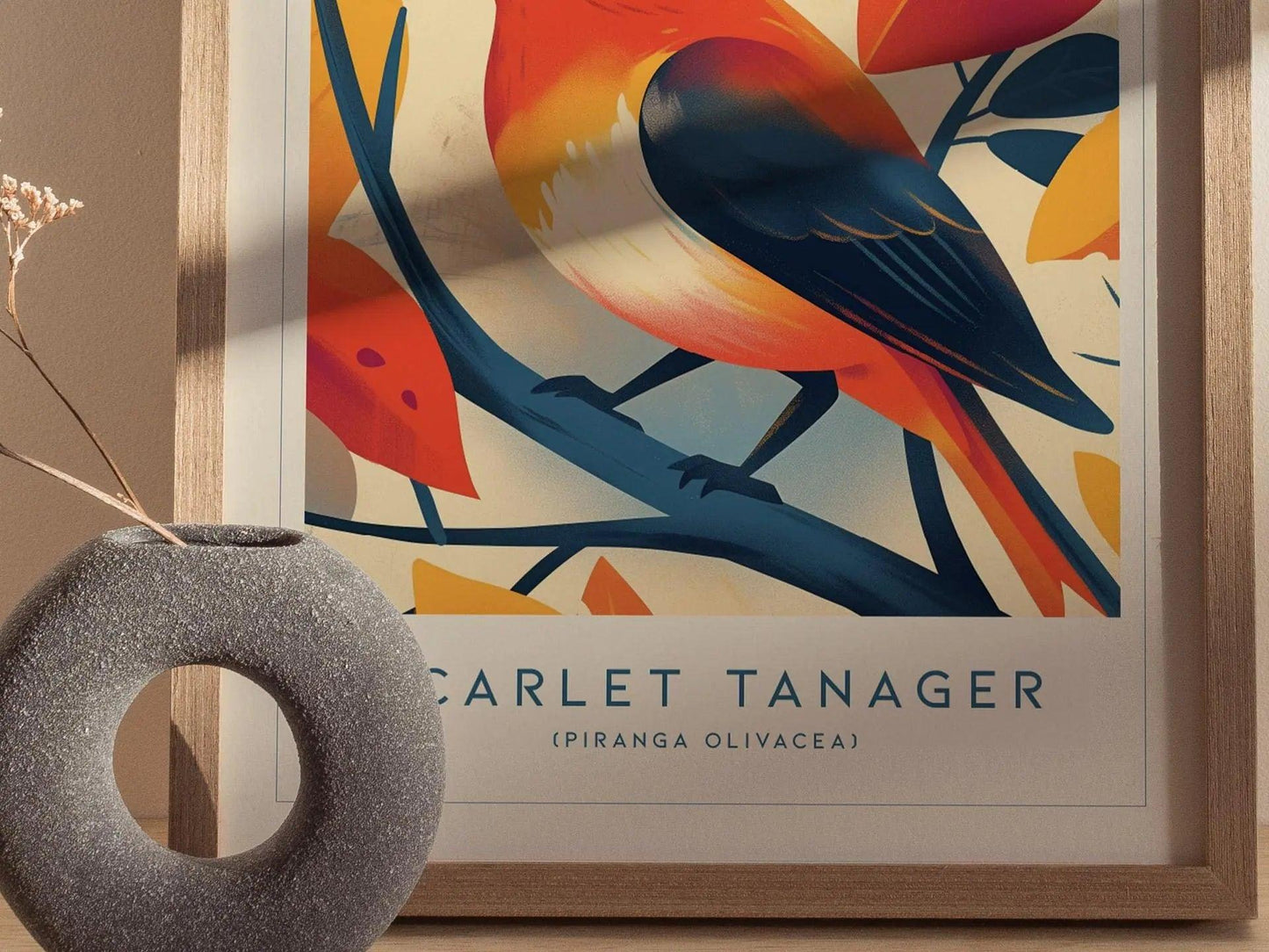 Scarlet Tanager Bird Modern Framed Wall Art | Cottagecore Wildlife Songbird Poster | Audubon Farm House Home Decor Nature Print - Swell Scenes