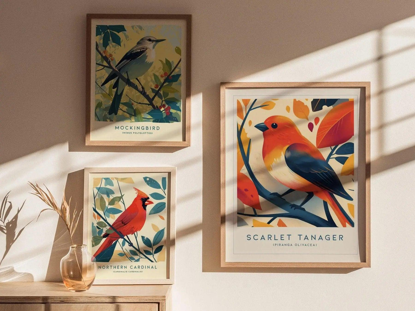 Scarlet Tanager Bird Modern Framed Wall Art | Cottagecore Wildlife Songbird Poster | Audubon Farm House Home Decor Nature Print - Swell Scenes