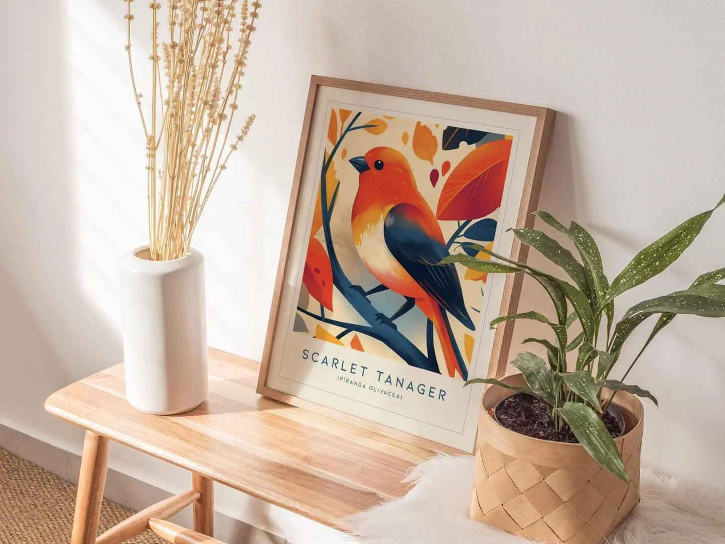 Scarlet Tanager Bird Modern Framed Wall Art | Cottagecore Wildlife Songbird Poster | Audubon Farm House Home Decor Nature Print - Swell Scenes