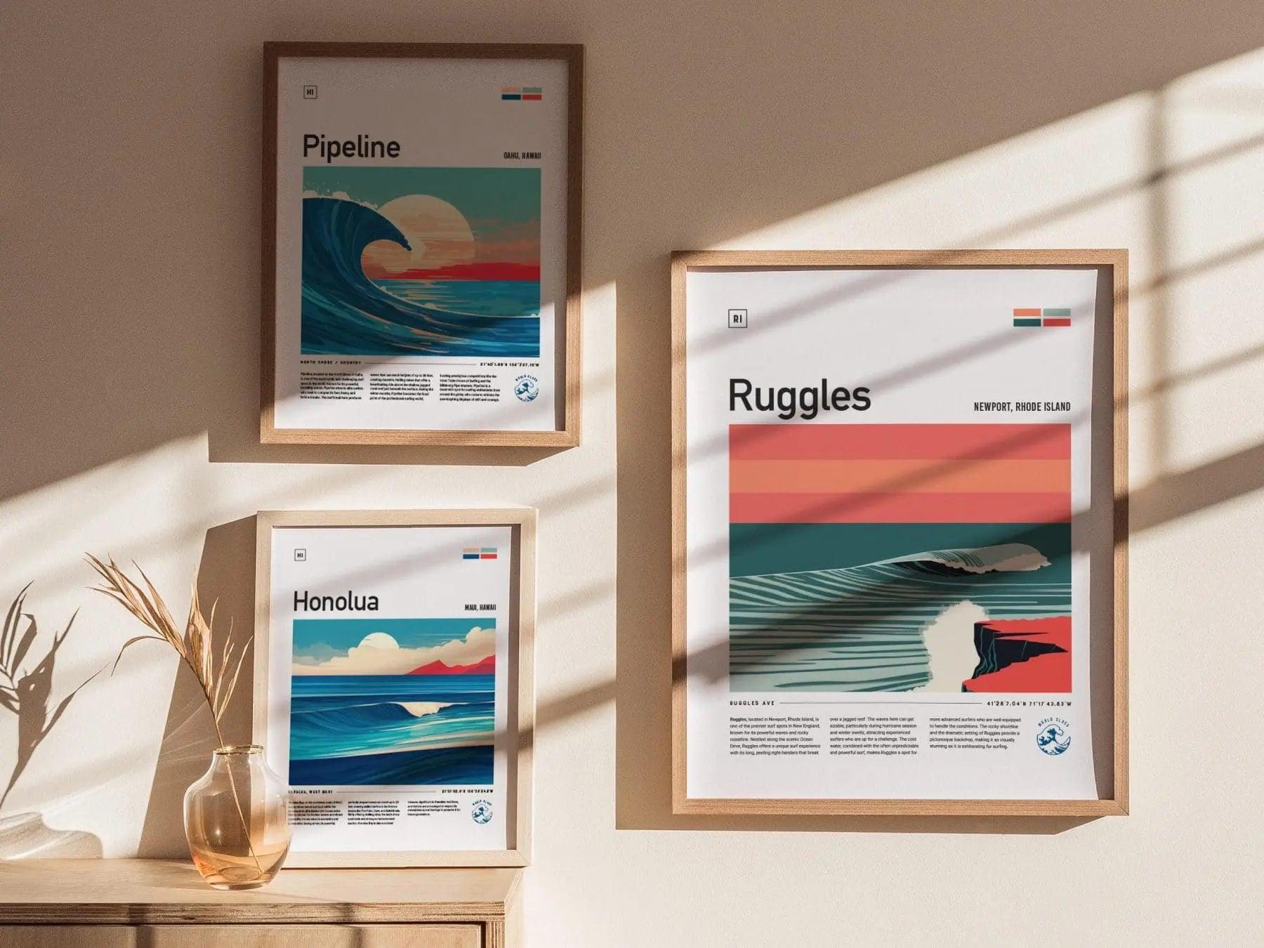 Ruggles Surf Spot Framed Poster, Newport Rhode Island Surfer Wall Art, New England Surf Travel Print, RI Decor Surfing Wave Gift - Swell Scenes