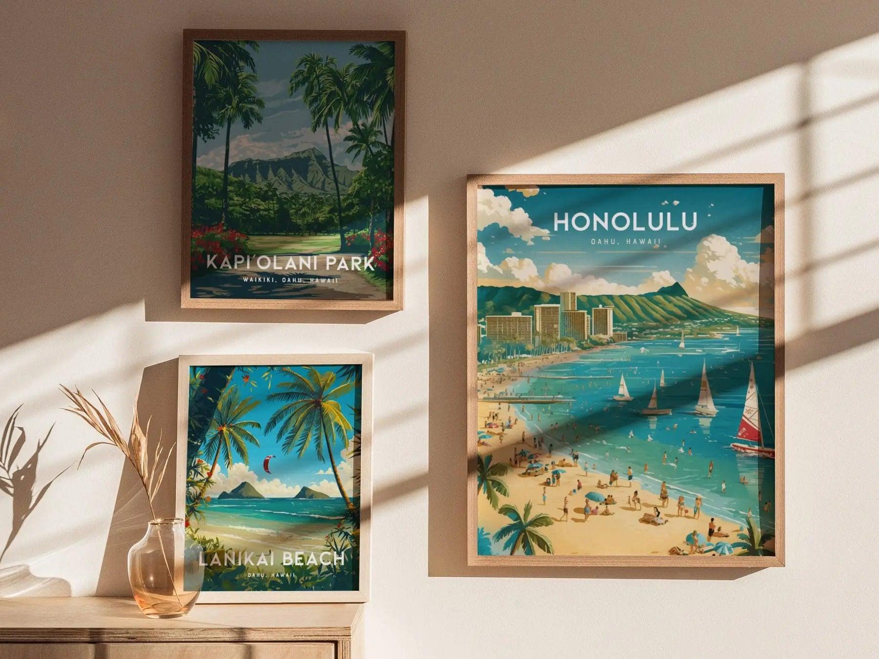 Honolulu, Oahu Poster - Waikiki & Diamond Head View, Framed/Unframed Hawaiian Landscape, Perfect Gift for Travelers and Home Decor - Swell Scenes