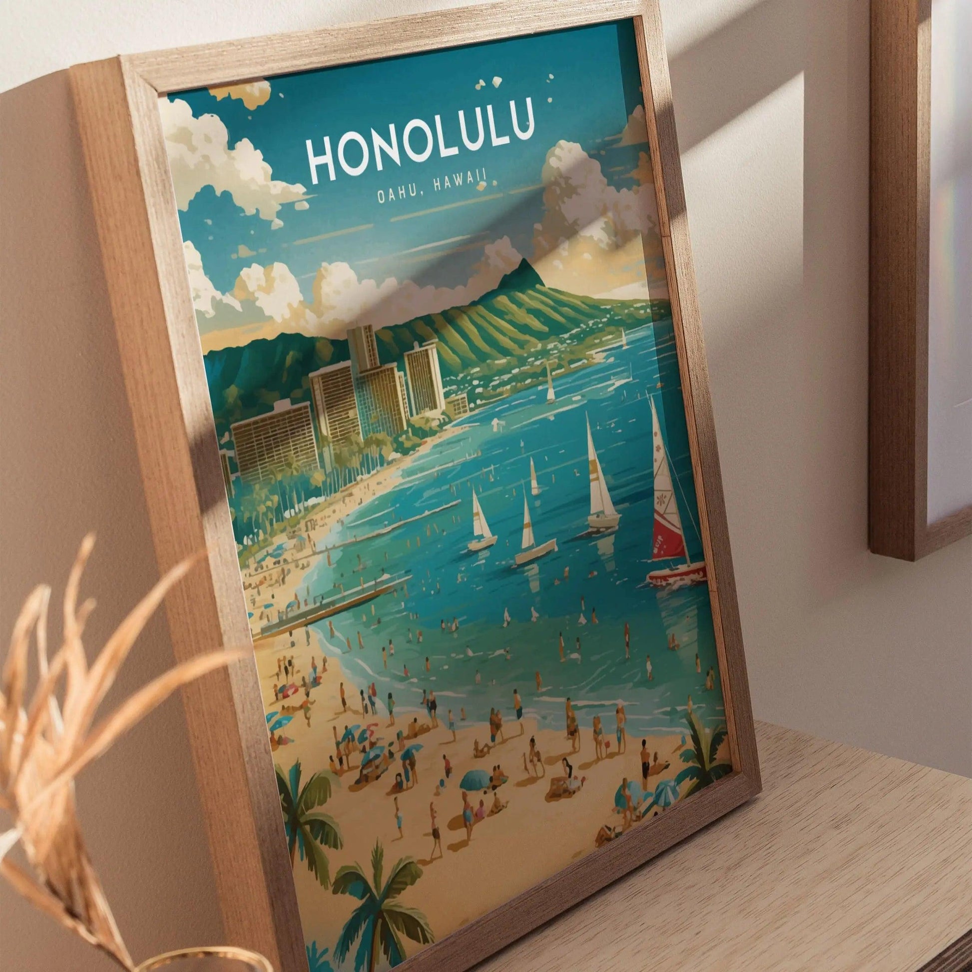 Honolulu, Oahu Poster - Waikiki & Diamond Head View, Framed/Unframed Hawaiian Landscape, Perfect Gift for Travelers and Home Decor - Swell Scenes