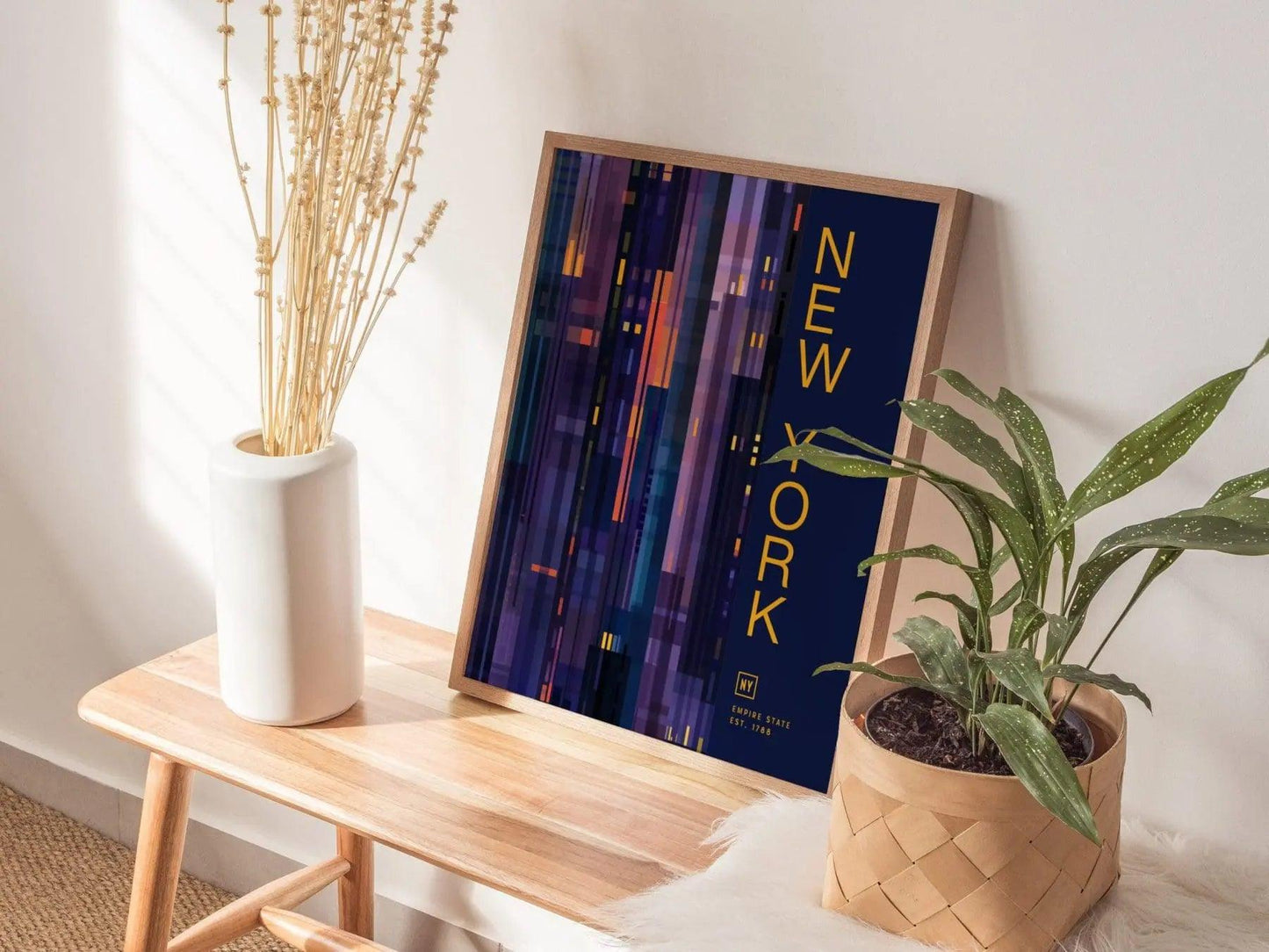 New York State Minimalist Design Framed Wall Art, Empire State Minimal Abstract Modern Poster, NYC NY Decor Travel Print Typography Gift - Swell Scenes