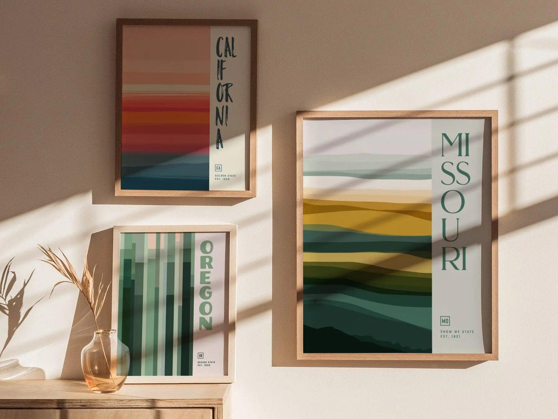 Missouri Minimalist Design Framed Wall Art, Show Me State Minimal Abstract Modern Poster, MO Ozarks Decor Travel Print Typography Gift Set - Swell Scenes