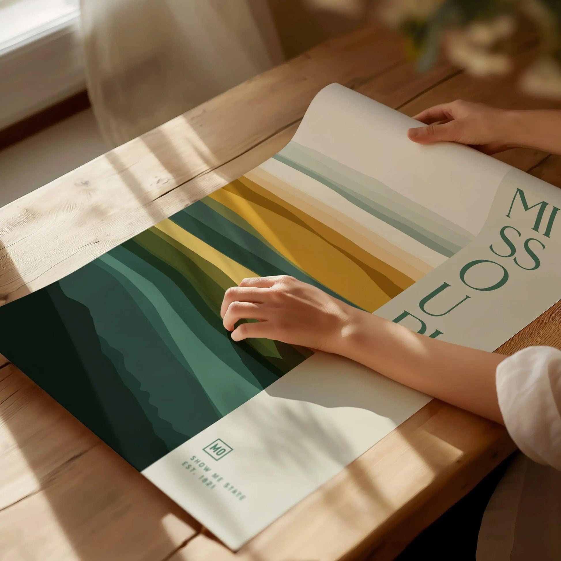 Missouri Minimalist Design Framed Wall Art, Show Me State Minimal Abstract Modern Poster, MO Ozarks Decor Travel Print Typography Gift Set - Swell Scenes