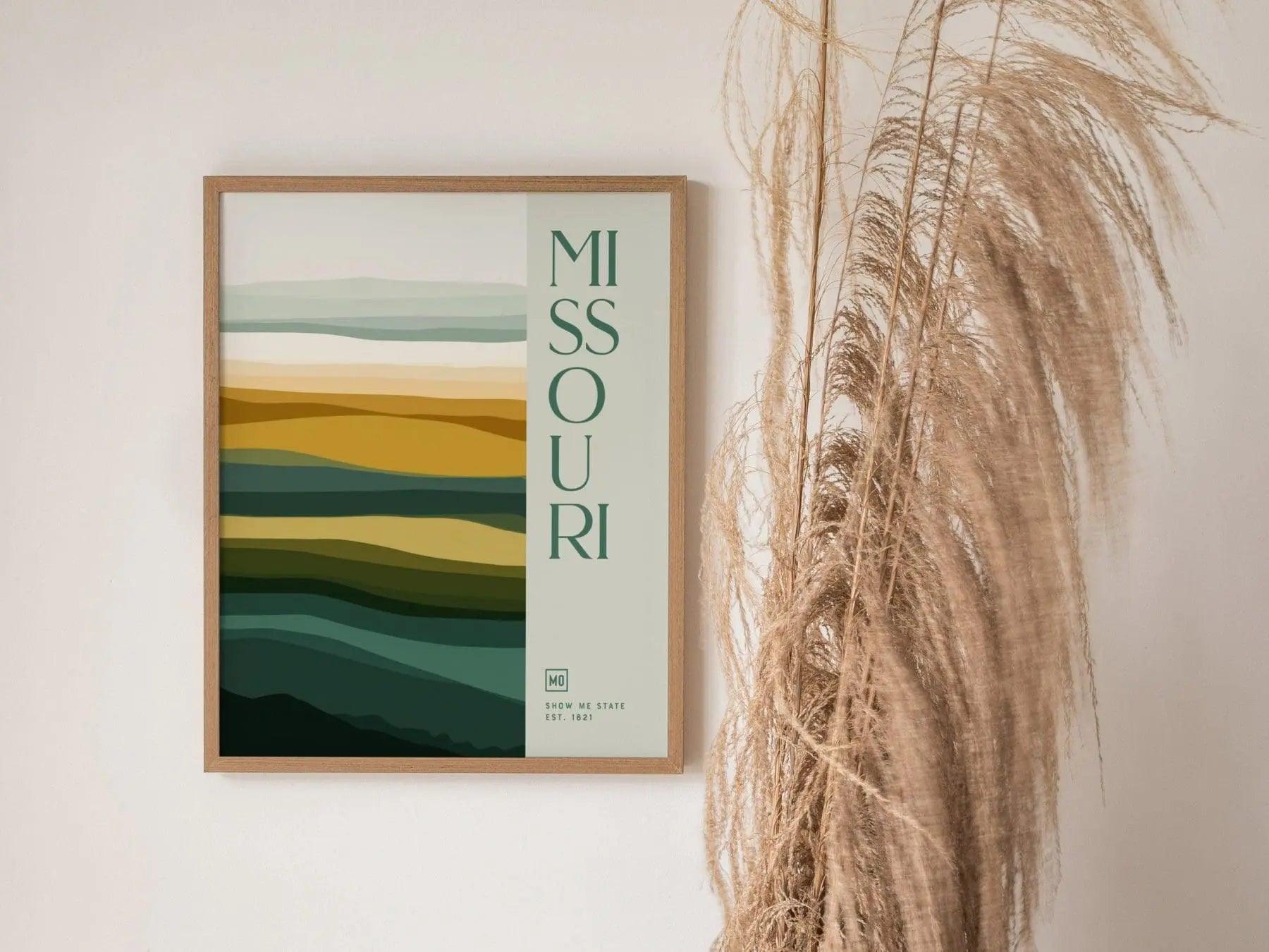 Missouri Minimalist Design Framed Wall Art, Show Me State Minimal Abstract Modern Poster, MO Ozarks Decor Travel Print Typography Gift Set - Swell Scenes