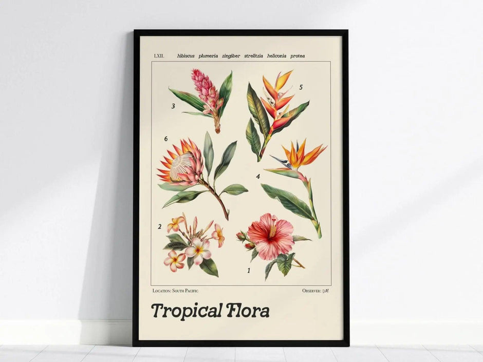 Tropical flowers poster in black wood frame showing botanical illustration Hibiscus Plumeria Heliconia scientific art