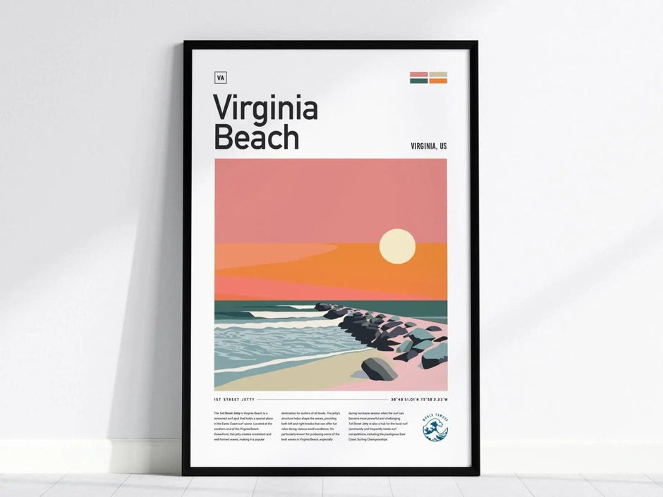 1st Street Jetty VB Surf Spot Framed Poster, Virginia Beach Surfer Wall Art, Vah Beach Surf Travel Print, East Coast Surfing Decor Wave Gift - Swell Scenes