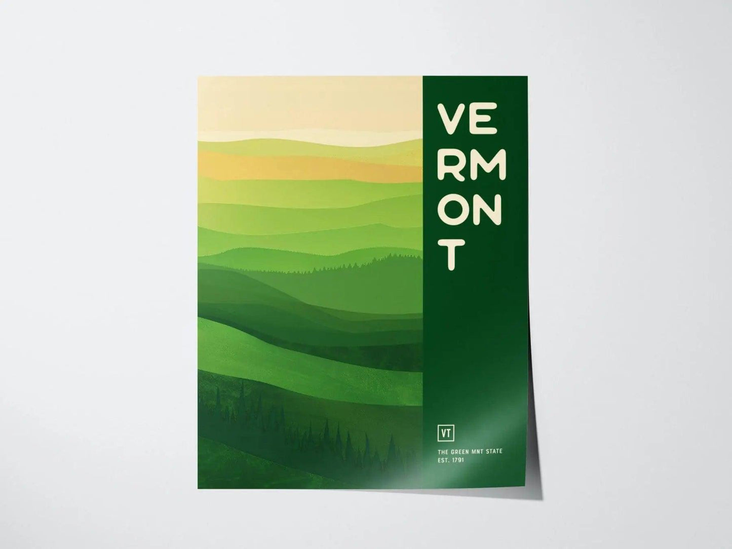 Vermont Green Mountain State poster featuring minimalist abstract landscape with rolling hills and forest colors