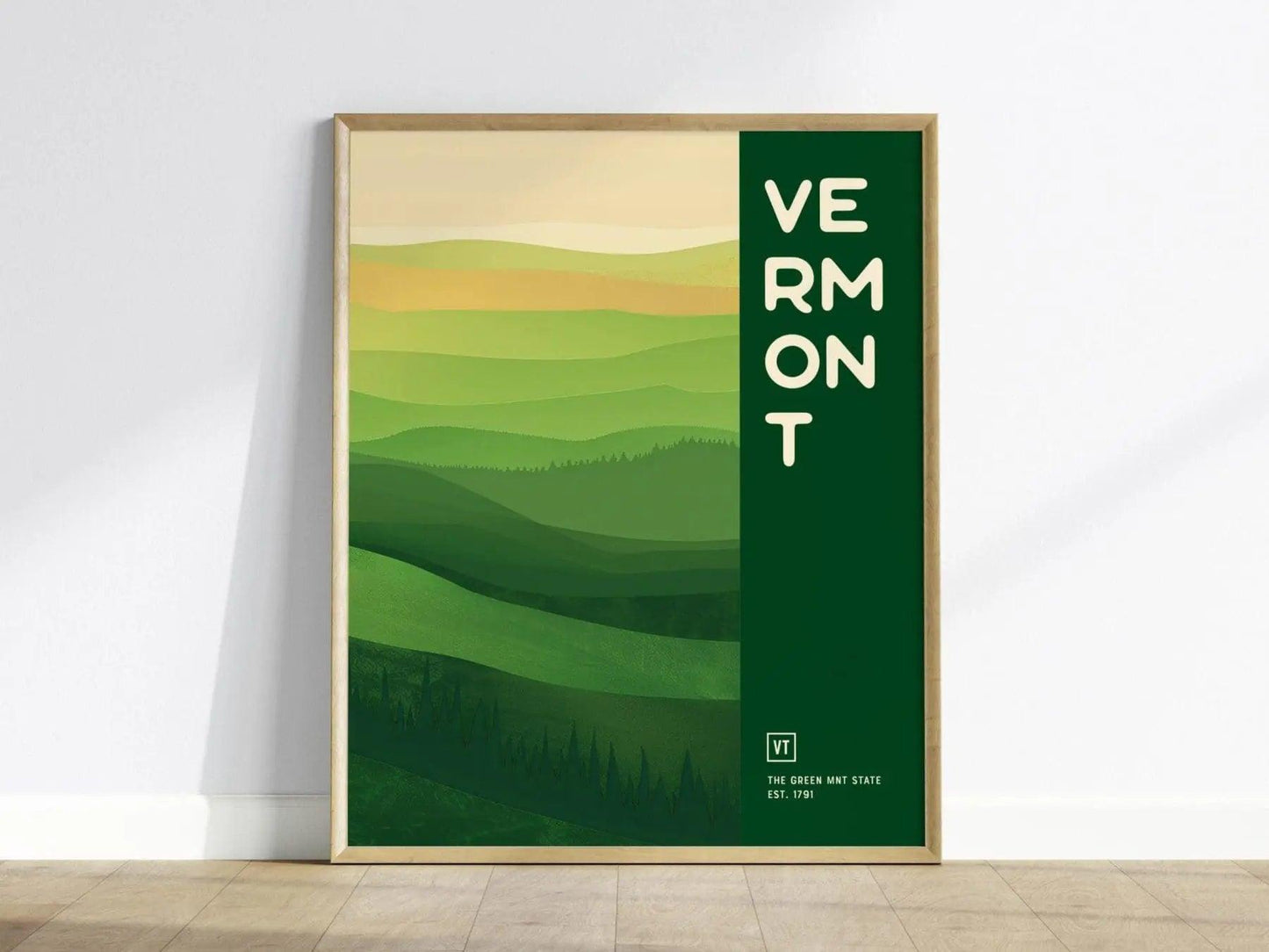 Vermont Green Mountain State poster featuring minimalist abstract landscape with rolling hills and forest colors