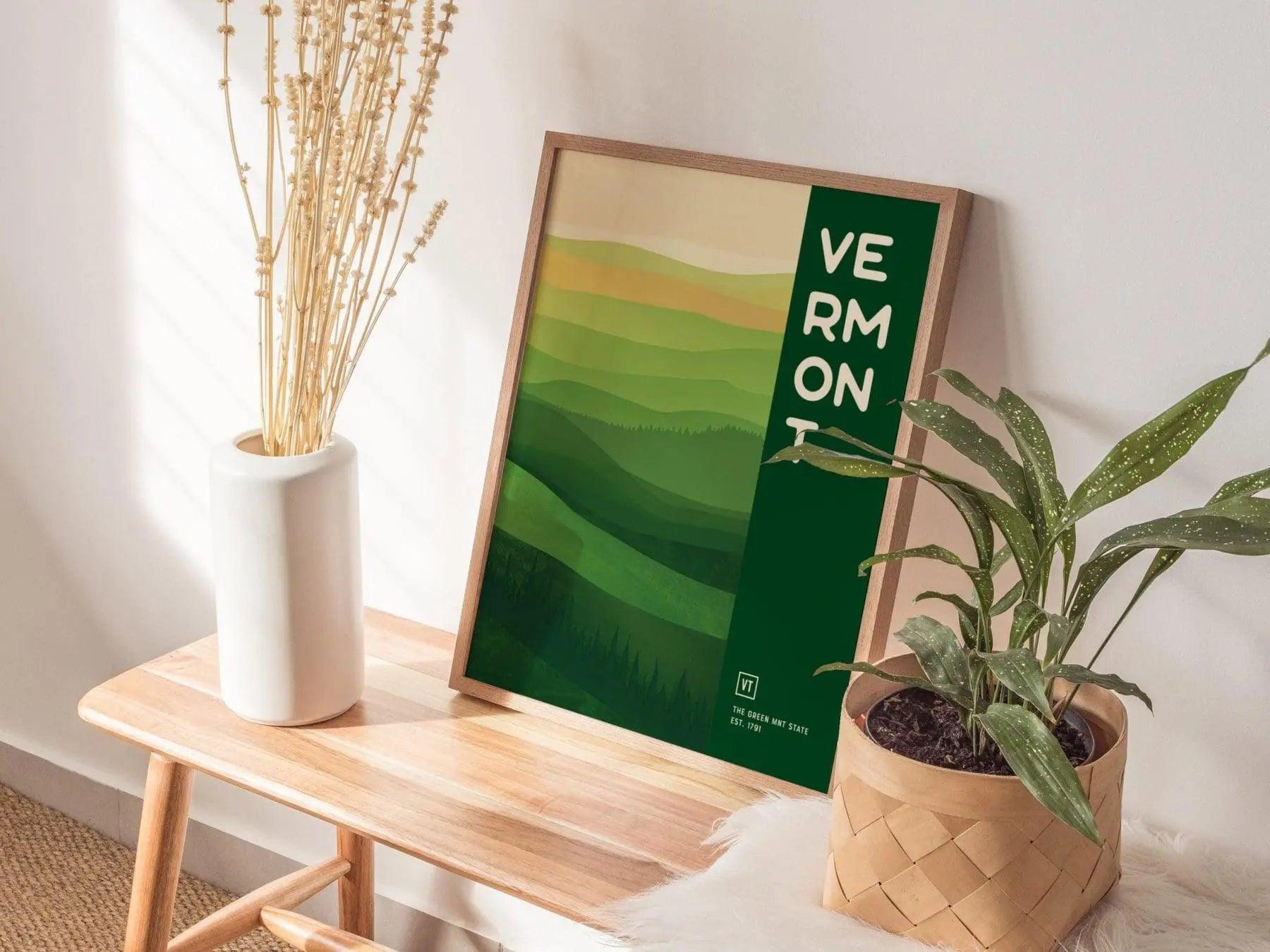 Vermont, The Green Mountain State Poster - Minimalist Landscape Art, Available Framed/Unframed, Perfect for Home and Office Decor - Swell Scenes