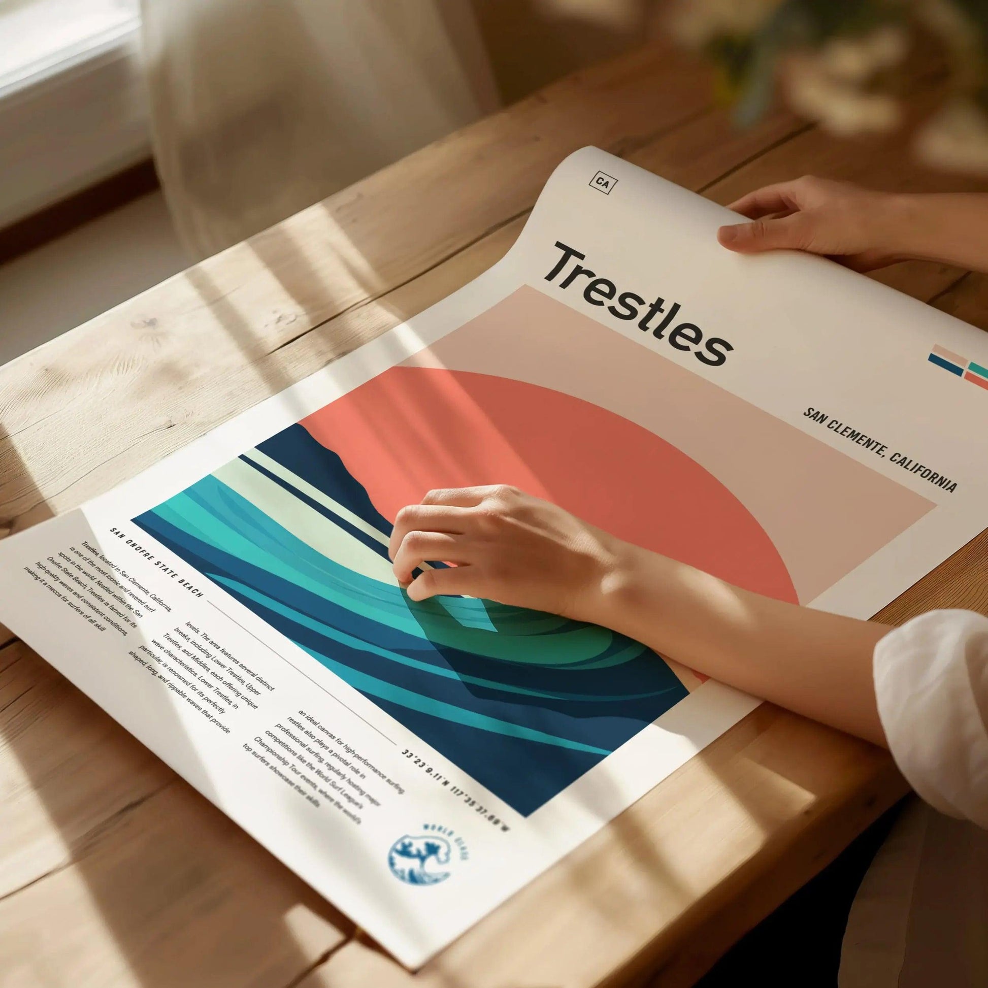 Trestles surf spot poster featuring minimalist wave and sunset design San Clemente California beach wall art