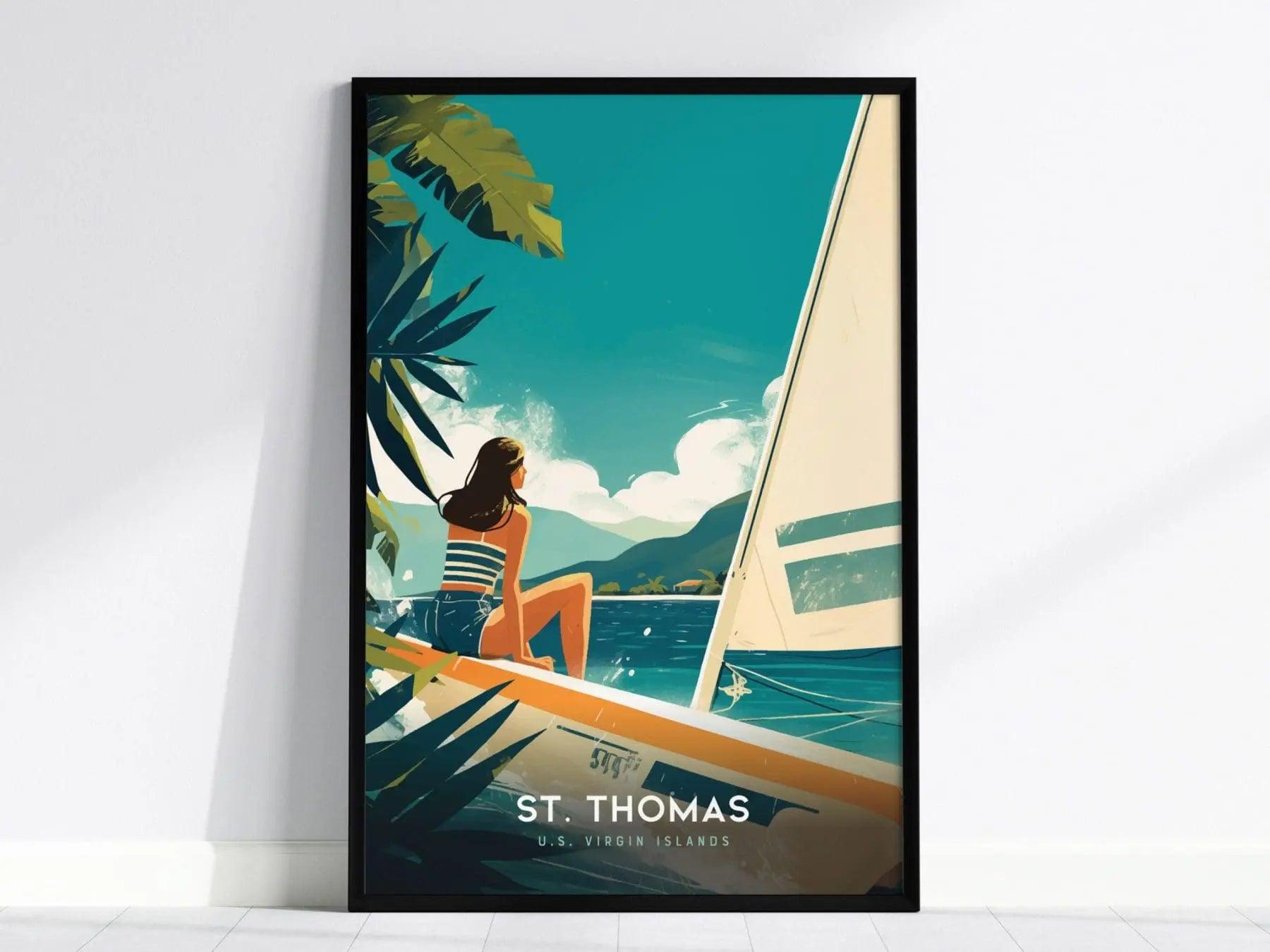 St. Thomas, US Virgin Islands Poster - Retro Sailing Scene, Available Framed/Unframed, Ideal for Nautical Decor, Caribbean Wall Art Decor - Swell Scenes