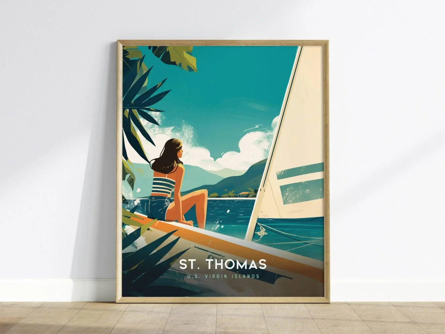 St. Thomas, US Virgin Islands Poster - Retro Sailing Scene, Available Framed/Unframed, Ideal for Nautical Decor, Caribbean Wall Art Decor - Swell Scenes