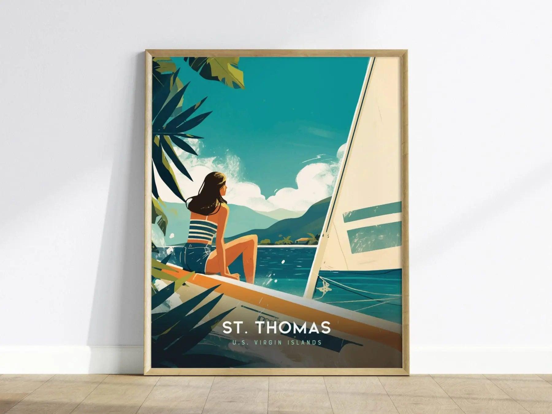 St. Thomas, US Virgin Islands Poster - Retro Sailing Scene, Available Framed/Unframed, Ideal for Nautical Decor, Caribbean Wall Art Decor - Swell Scenes