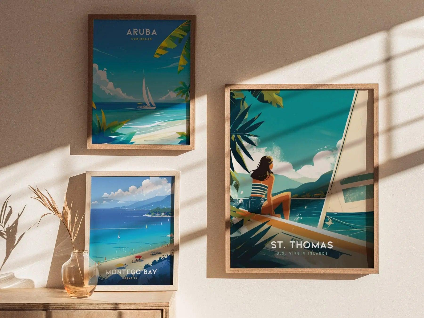 St. Thomas, US Virgin Islands Poster - Retro Sailing Scene, Available Framed/Unframed, Ideal for Nautical Decor, Caribbean Wall Art Decor - Swell Scenes
