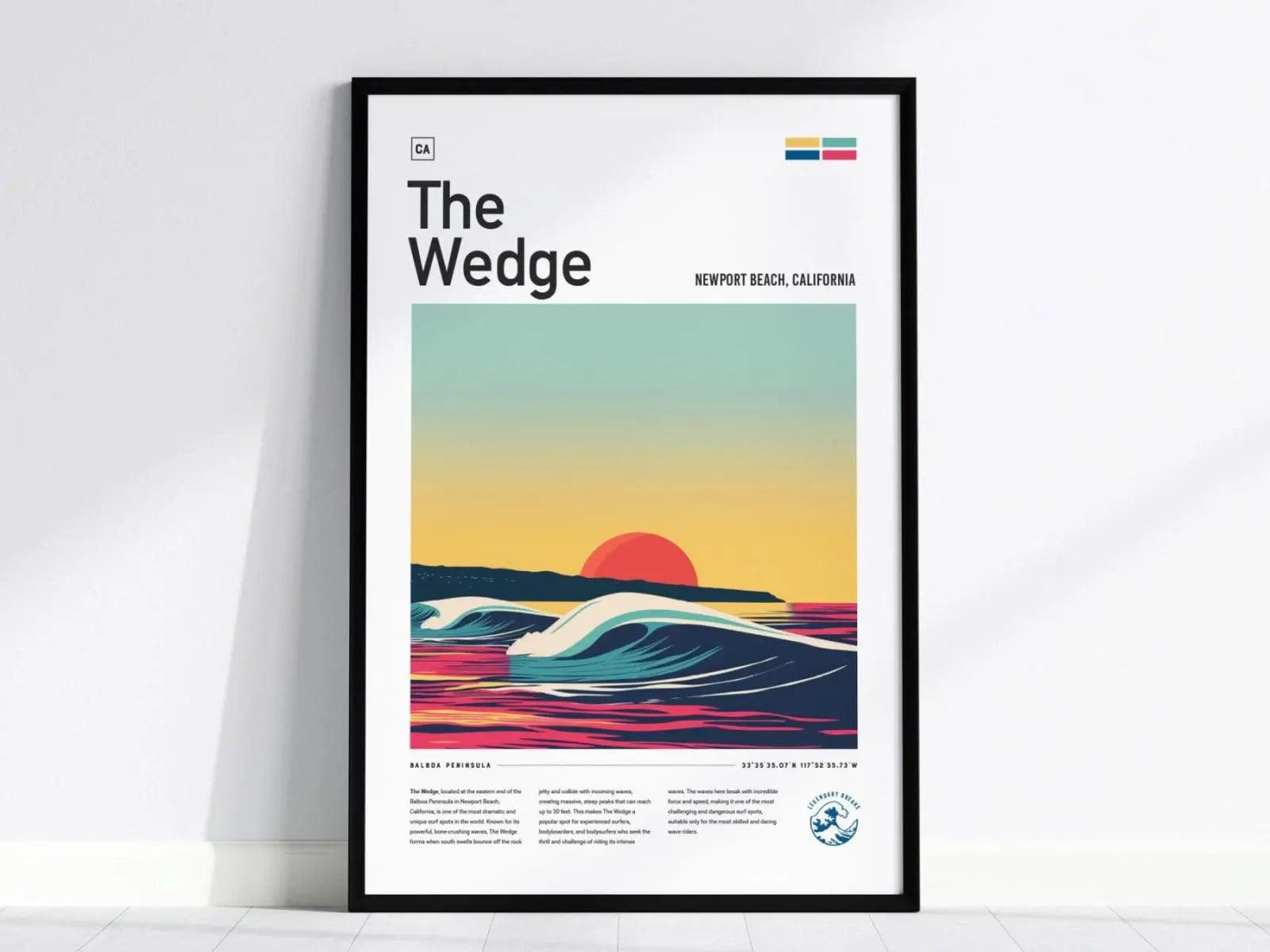 The Wedge poster in black wood frame showing minimalist Newport Beach surf art with dramatic sunset wave design