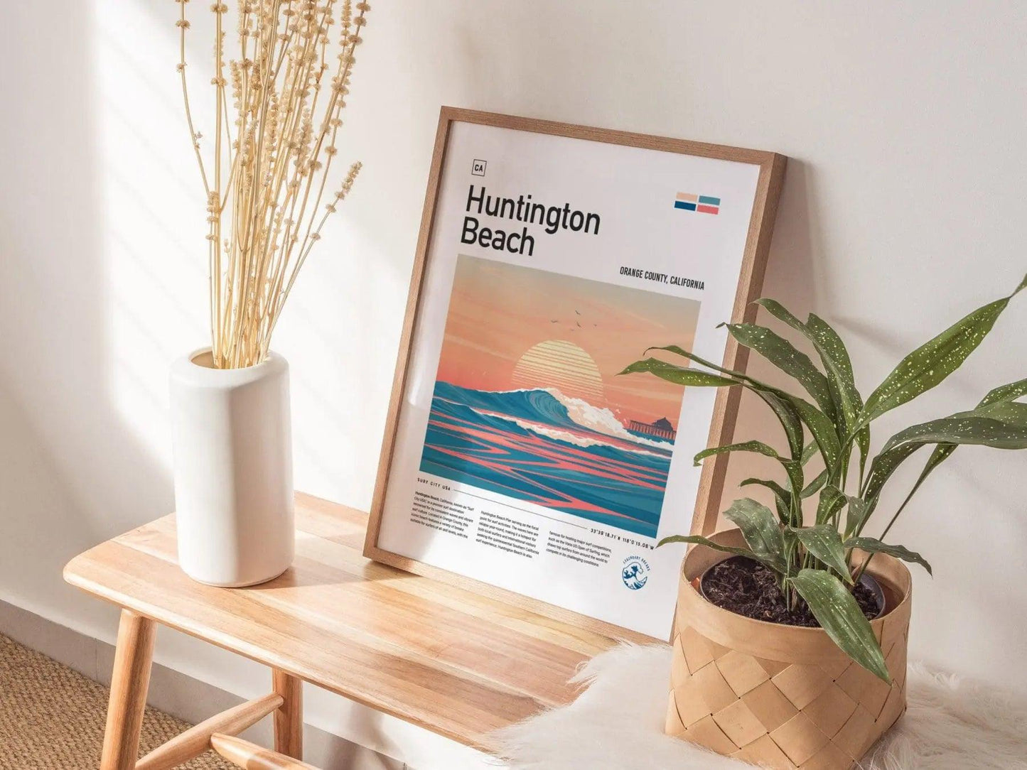 Huntington Beach Surf Spot Framed Poster, Surf City USA Surfer Wall Art, California Surf Travel Print, US Open Surfing Decor Socal Wave Gift - Swell Scenes