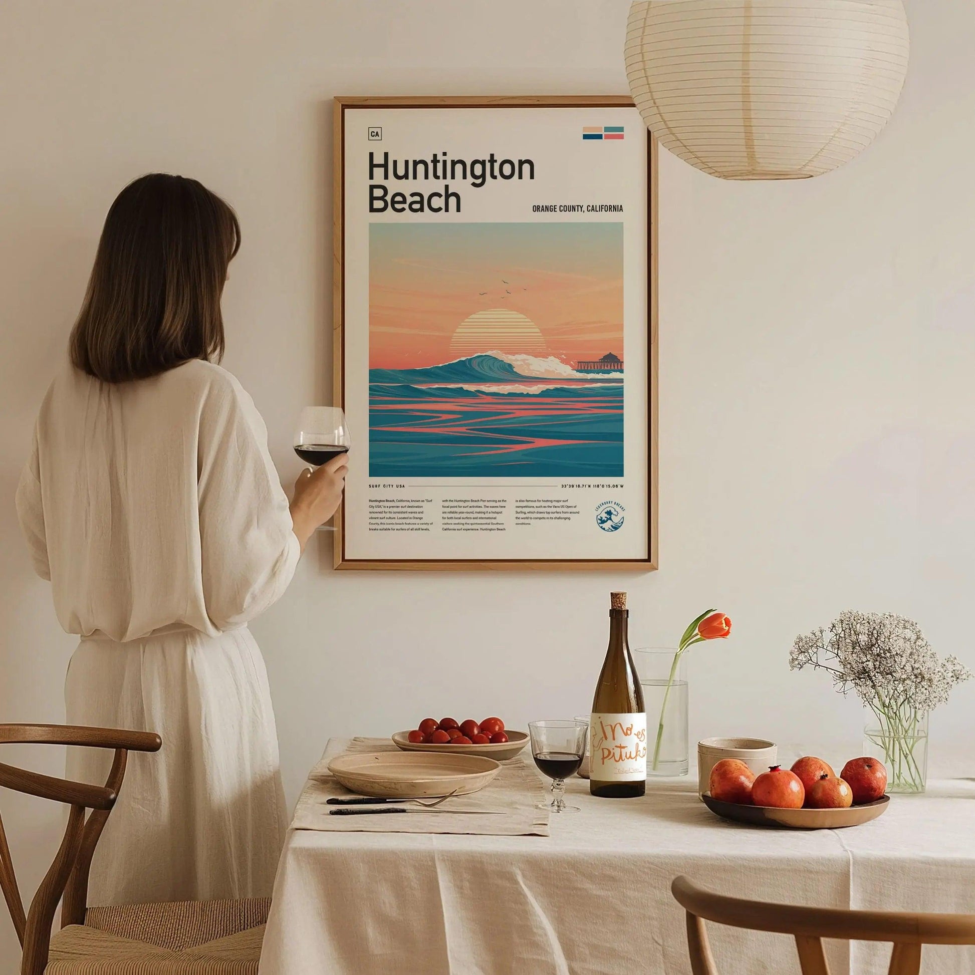 Huntington Beach Surf Spot Framed Poster, Surf City USA Surfer Wall Art, California Surf Travel Print, US Open Surfing Decor Socal Wave Gift - Swell Scenes
