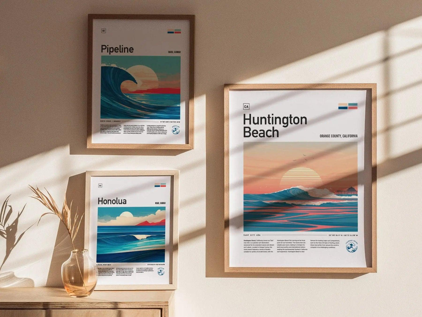 Huntington Beach Surf Spot Framed Poster, Surf City USA Surfer Wall Art, California Surf Travel Print, US Open Surfing Decor Socal Wave Gift - Swell Scenes