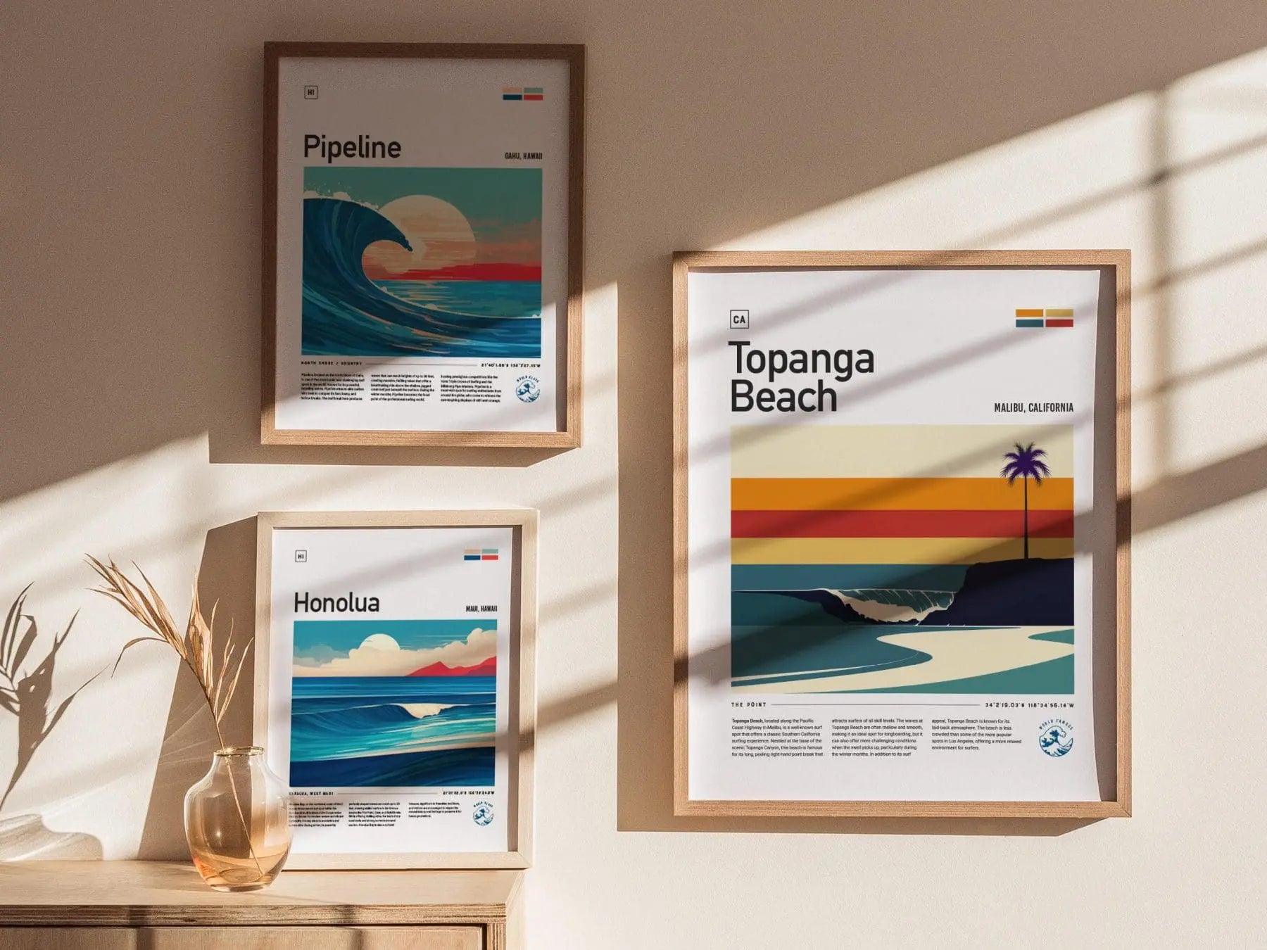 Topanga Beach Malibu Surf Spot Framed Poster | Los Angeles Surfer Wall Art | LA Surf Travel Print | Beach House Modern Surfing Decor Wave Artwork - Swell Scenes