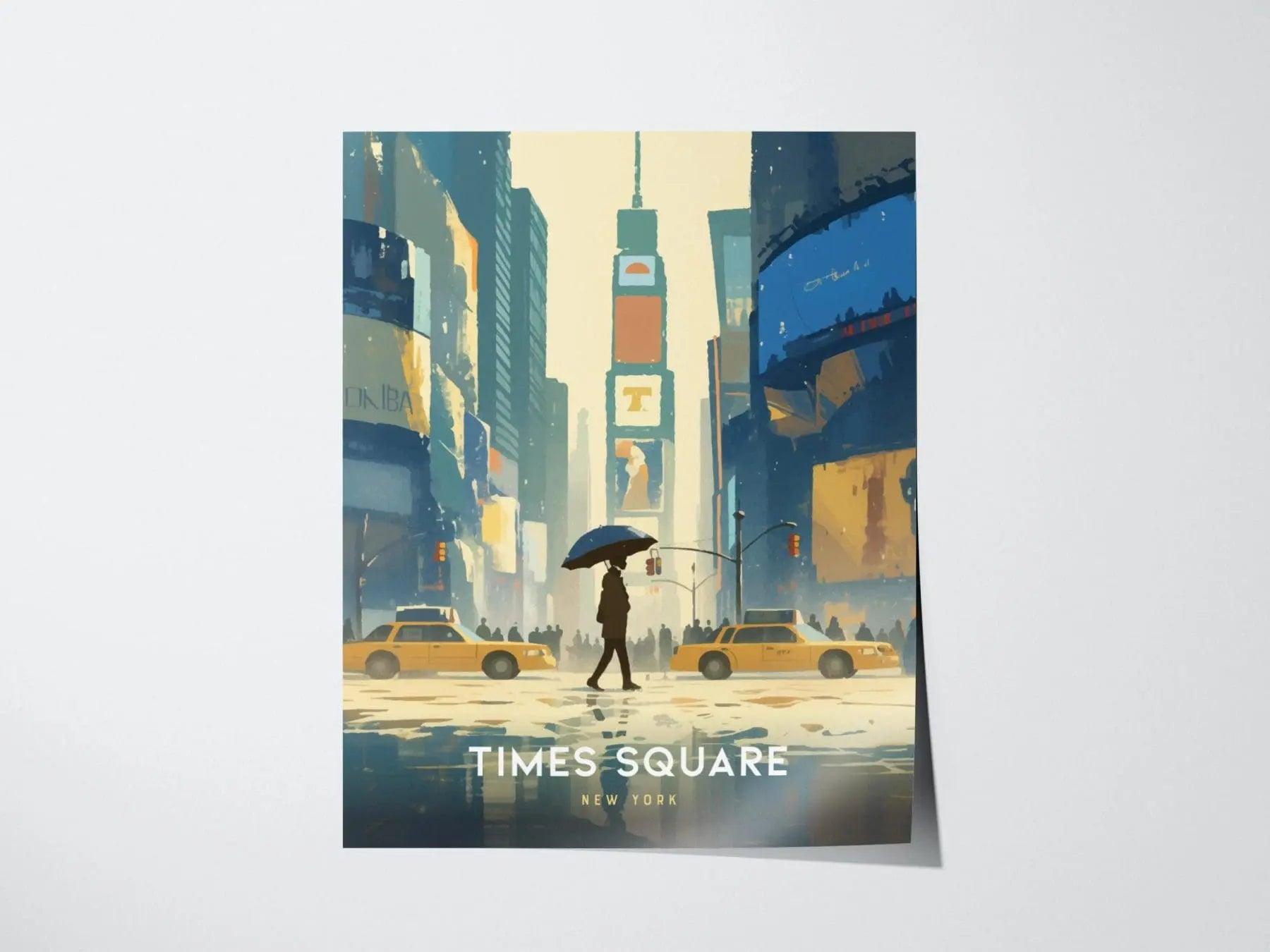 Times Square New York poster featuring vibrant retro illustration of iconic NYC crossroads with Broadway lights wall art