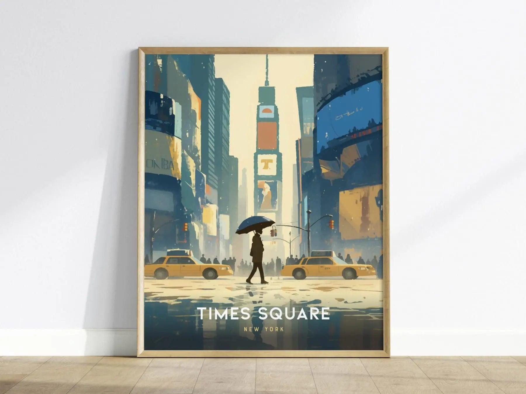 Times Square poster in wood frame showing Manhattan iconic intersection and bright billboards NYC art