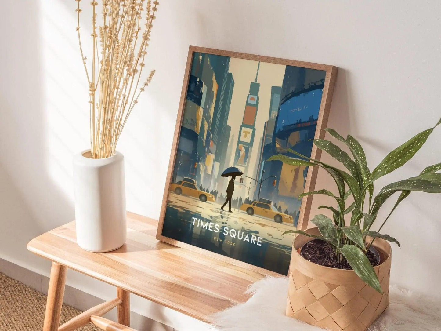 Natural wood framed Times Square poster showing NYC iconic landmark with vibrant urban energy artwork