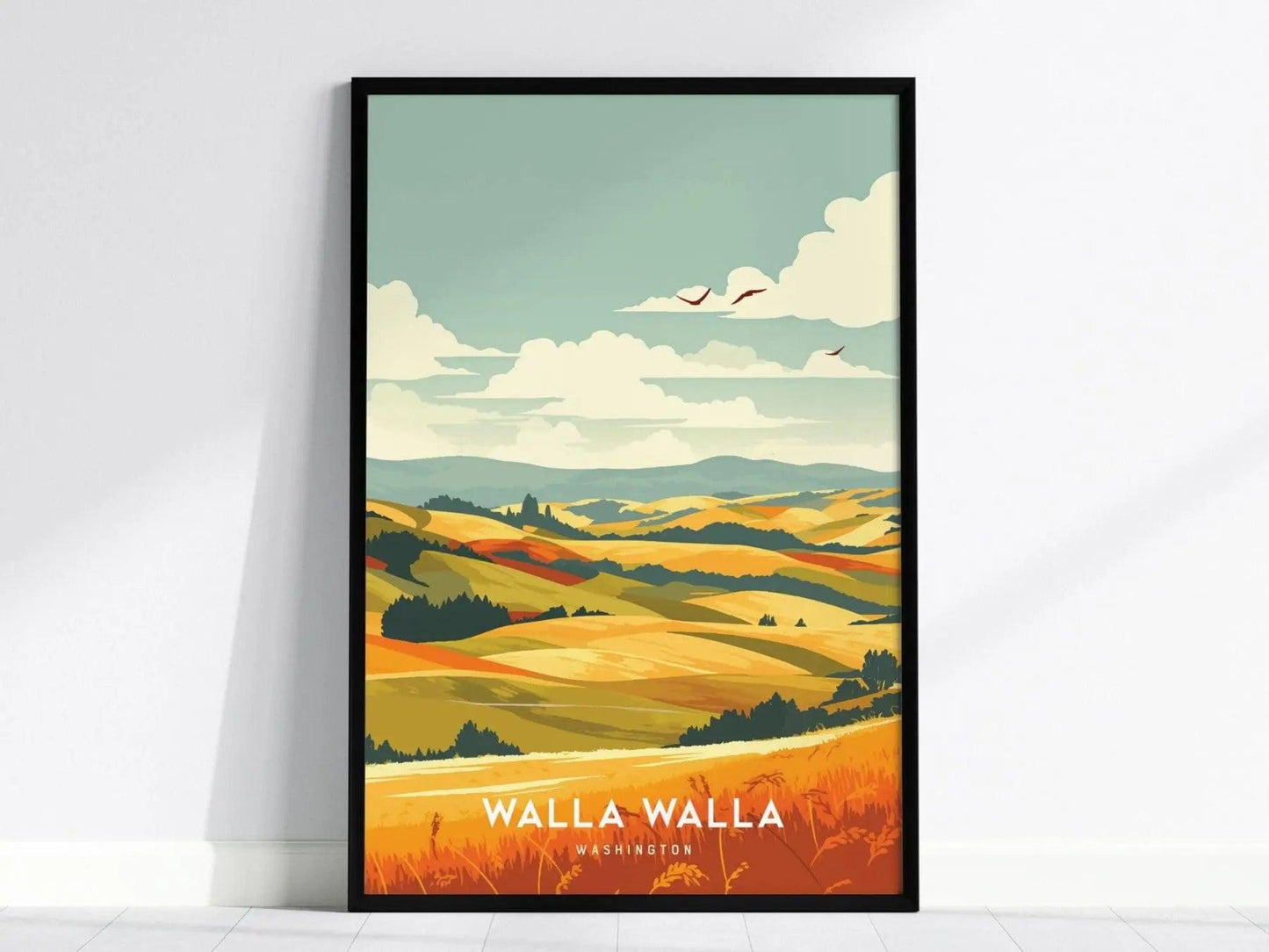 Walla Walla wine country wall art displayed in white wood frame showing picturesque vineyard sunset landscape