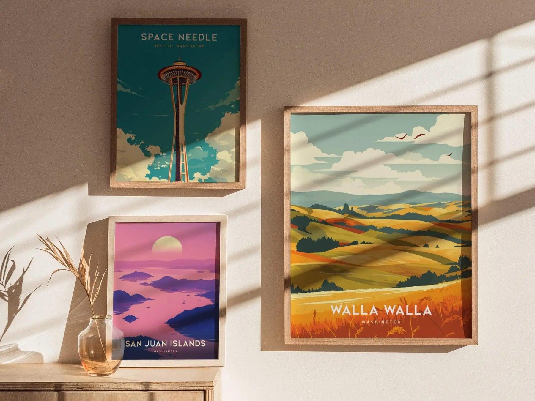 Walla Walla Washington wine country poster in black frame showing elegant vineyard landscape for dining room decor