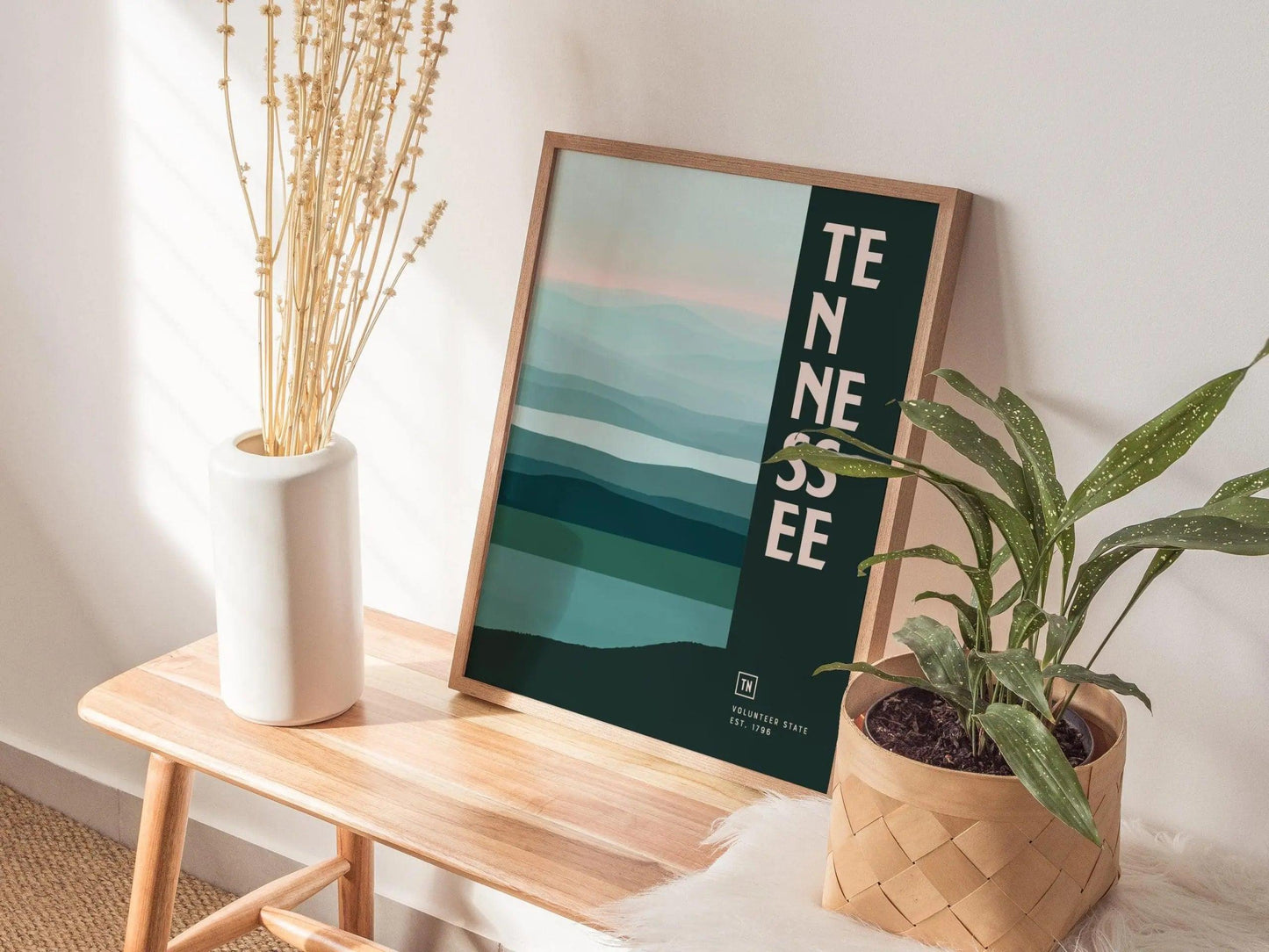Tennessee Minimalist Design Framed Wall Art, US State Minimal Abstract Modern Poster, Smoky Mountains Home Decor TN Travel Print Typography - Swell Scenes