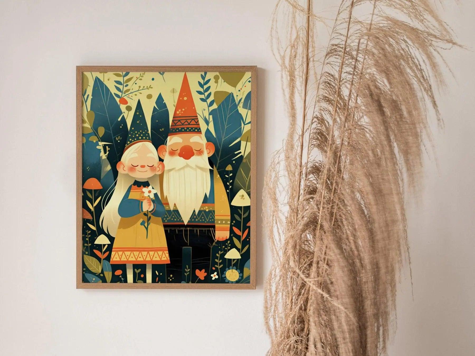 Gnome Couple Portrait Framed Wall Art Cute Garden Gnomes Poster Print Love Anniversary Cottagecore Mushroom Fantasy Forest Farm House Decor - Swell Scenes