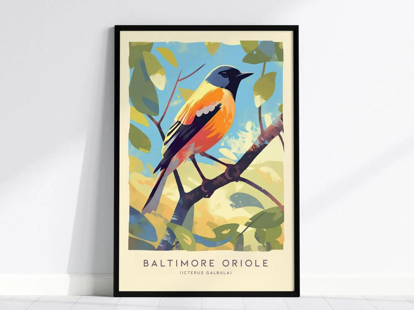 Baltimore Oriole Songbird Modern Framed Wall Art, Cottagecore Minimal Nature Wildlife Poster, Audubon Farm Decor Travel Print Birder Gift - Swell Scenes